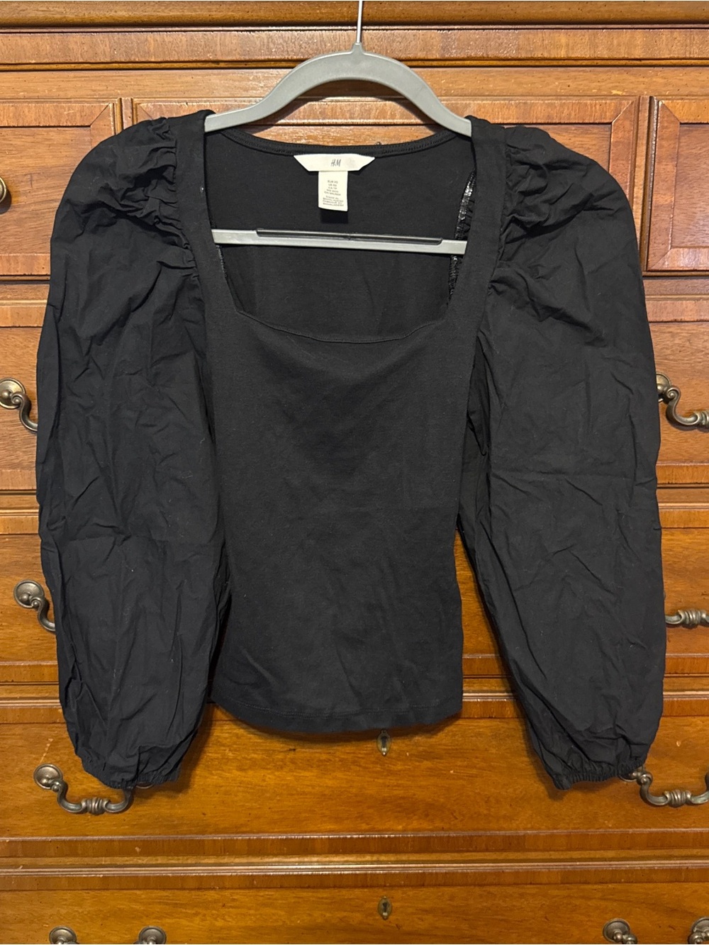 H&M Black Puff Sleeve Square Neck Top XS Romantic Goth Balletcore Corset Style